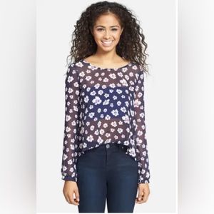 Lush Clothing blue floral semi sheer high low top Sz M